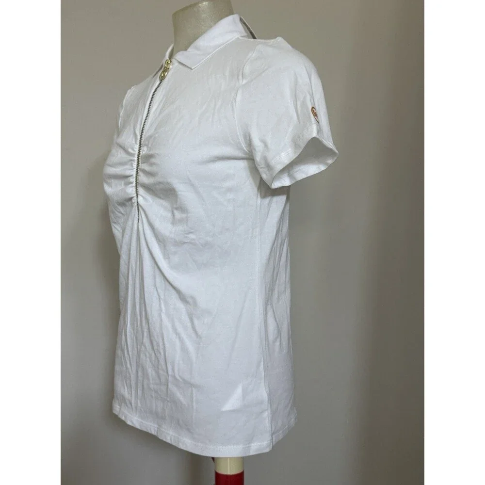 NEW Michael Kors MK Ruched Half Zip Polo T- Shirt Top Women’s White Sz XS